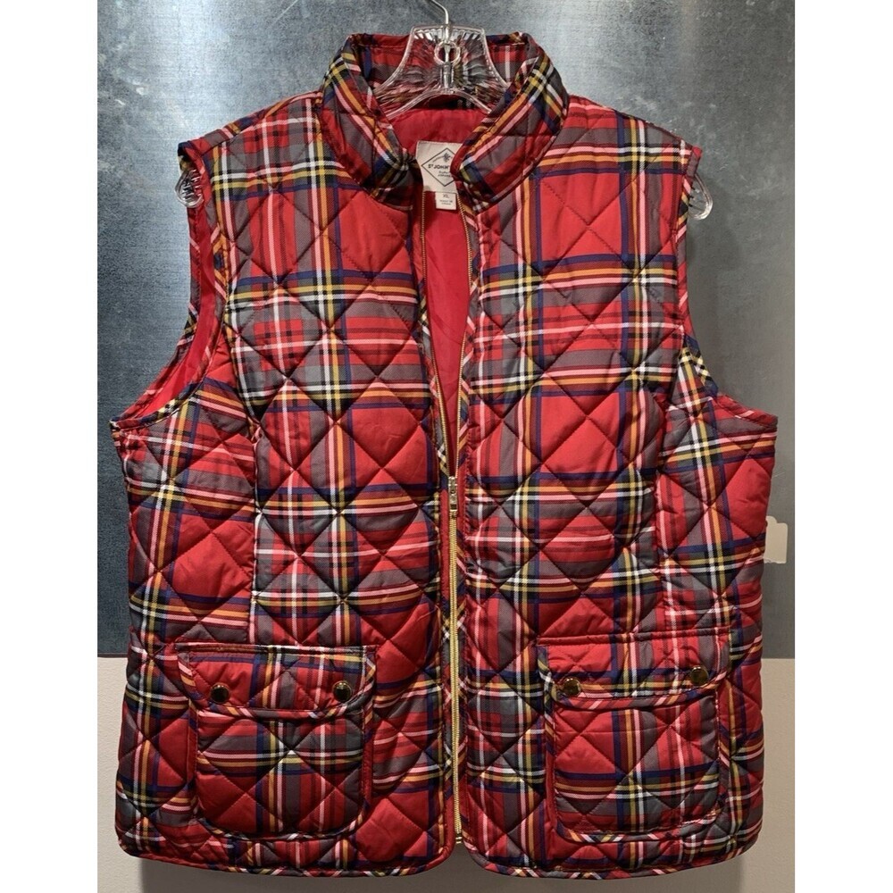 St John's Bay Cabin Barn Chore Vest Bright Brass Zip Plaid Quilted Mock Collar - Picture 5 of 16